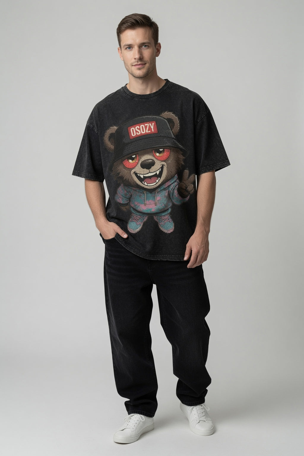 Vintage Acid Wash OSOZY Cartoon Bear Streetwear Tee