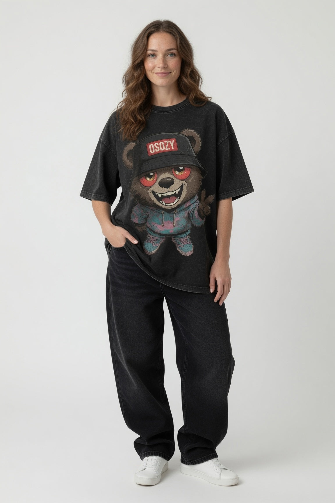 Vintage Acid Wash OSOZY Cartoon Bear Streetwear Tee