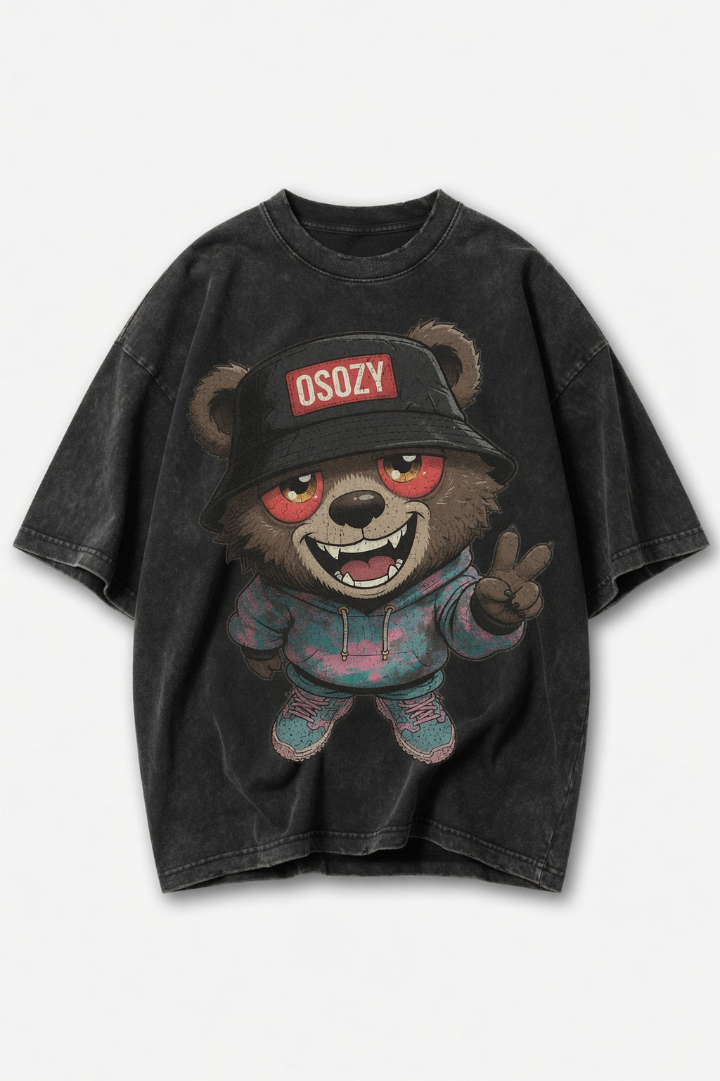 Vintage Acid Wash OSOZY Cartoon Bear Streetwear Tee