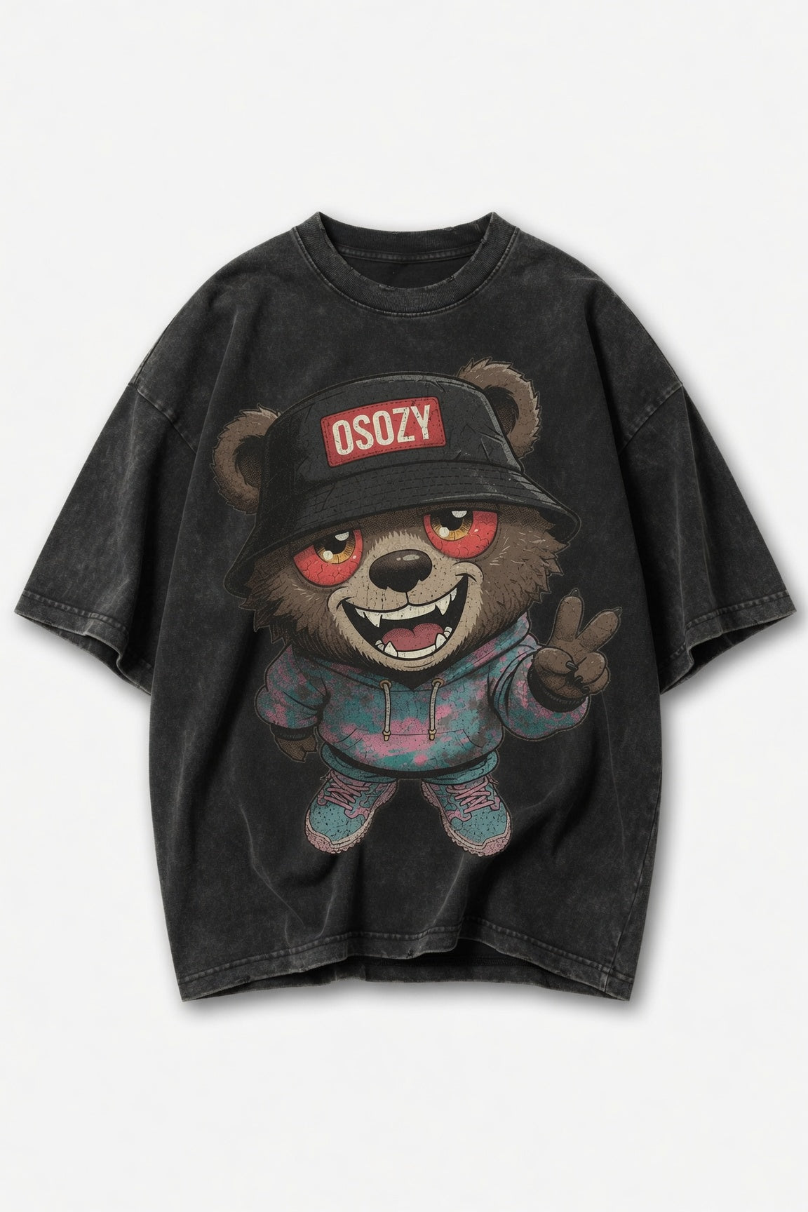 Vintage Acid Wash OSOZY Cartoon Bear Streetwear Tee
